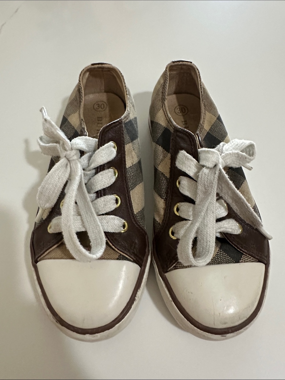 Burberry Kids Plaid Lace-Up Canvas Sneakers in Brown and Cream